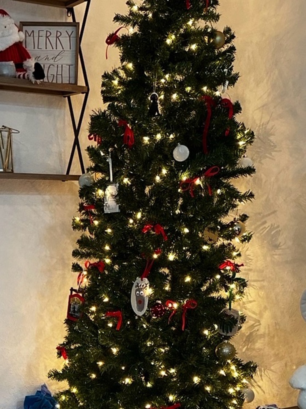 Pre-Lit Artificial Christmas Tree with Warm White Lights and Red Ribbon Accents